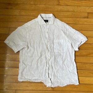 Neiman Marcus Mens White 100% Linen Short Sleeve Raw Hem Button Down Shirt M